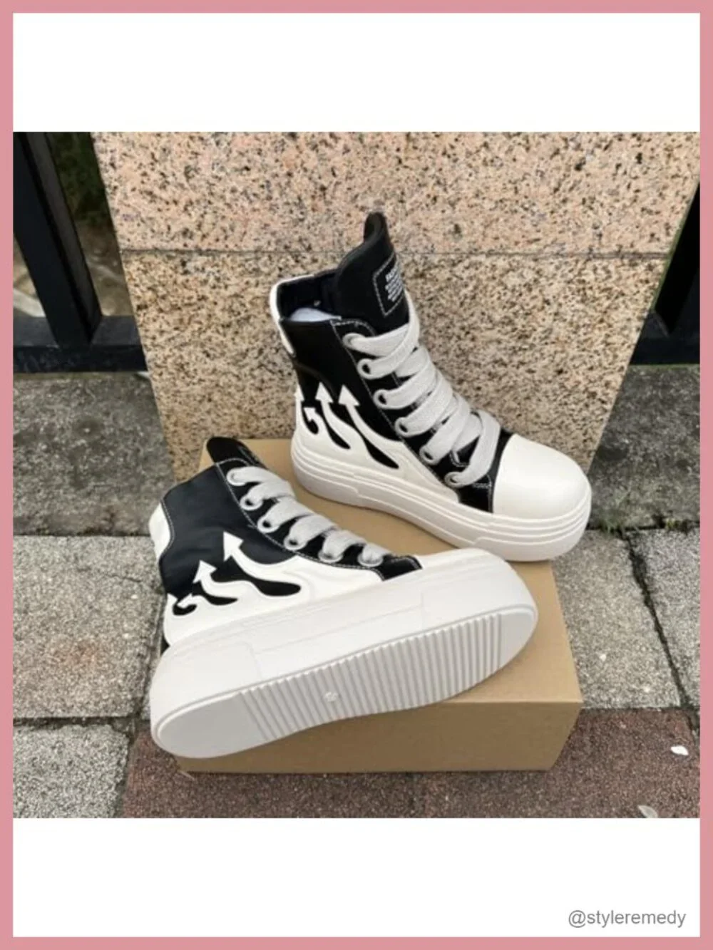 Unisex Flame Round Toe Platform Chunky Heels Sneakers Vegan PU Leather High Top